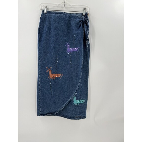 VINTAGE Denim Wrap Skirt Hand Painted by Nina Renee Constellations Stylized Deer - Picture 1 of 11